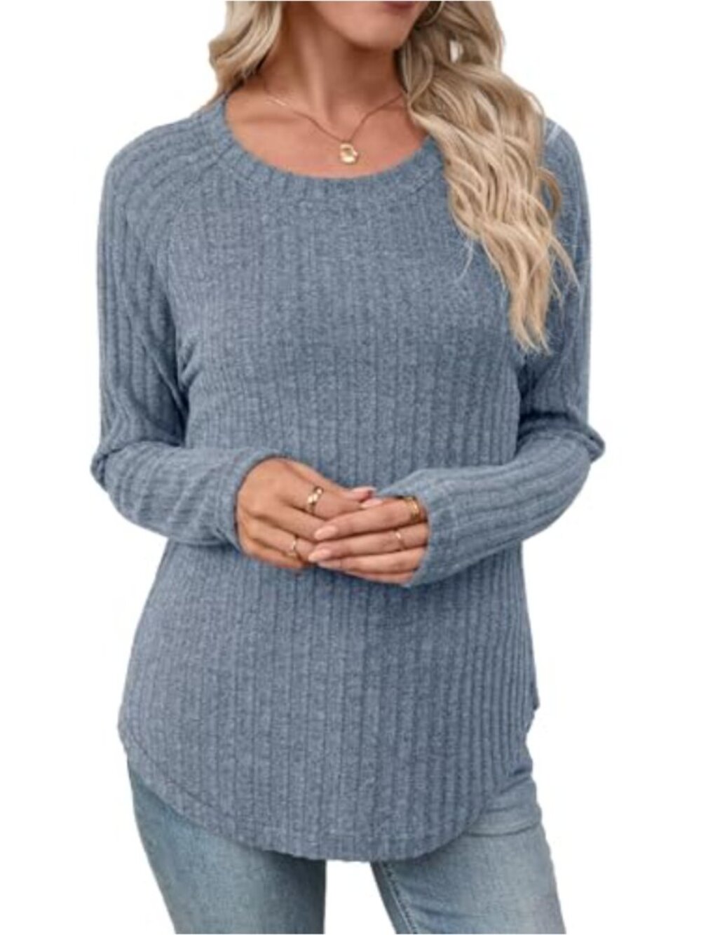 Long Sleeve Tunic Top Crew Neck Curved Hem High Low Slit Loose Fit